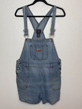 Vintage 90s Route 66 Embroidered Denim Short Overalls Size Large Broken In